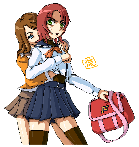 yakibuta, senou aoi, yuuki nao, my-hime, lowres, md5 mismatch, 00s, 2girls, bag, belt, blue eyes, blue skirt, breasts, brown hair, brown skirt, grabbing another's breast, green eyes, groping, hand under clothes, long sleeves, multiple girls, nervous, oekaki, pleated skirt, red hair, school uniform, serafuku, short hair, skirt, small breasts, sweatdrop, thighhighs, white background, zettai ryouiki