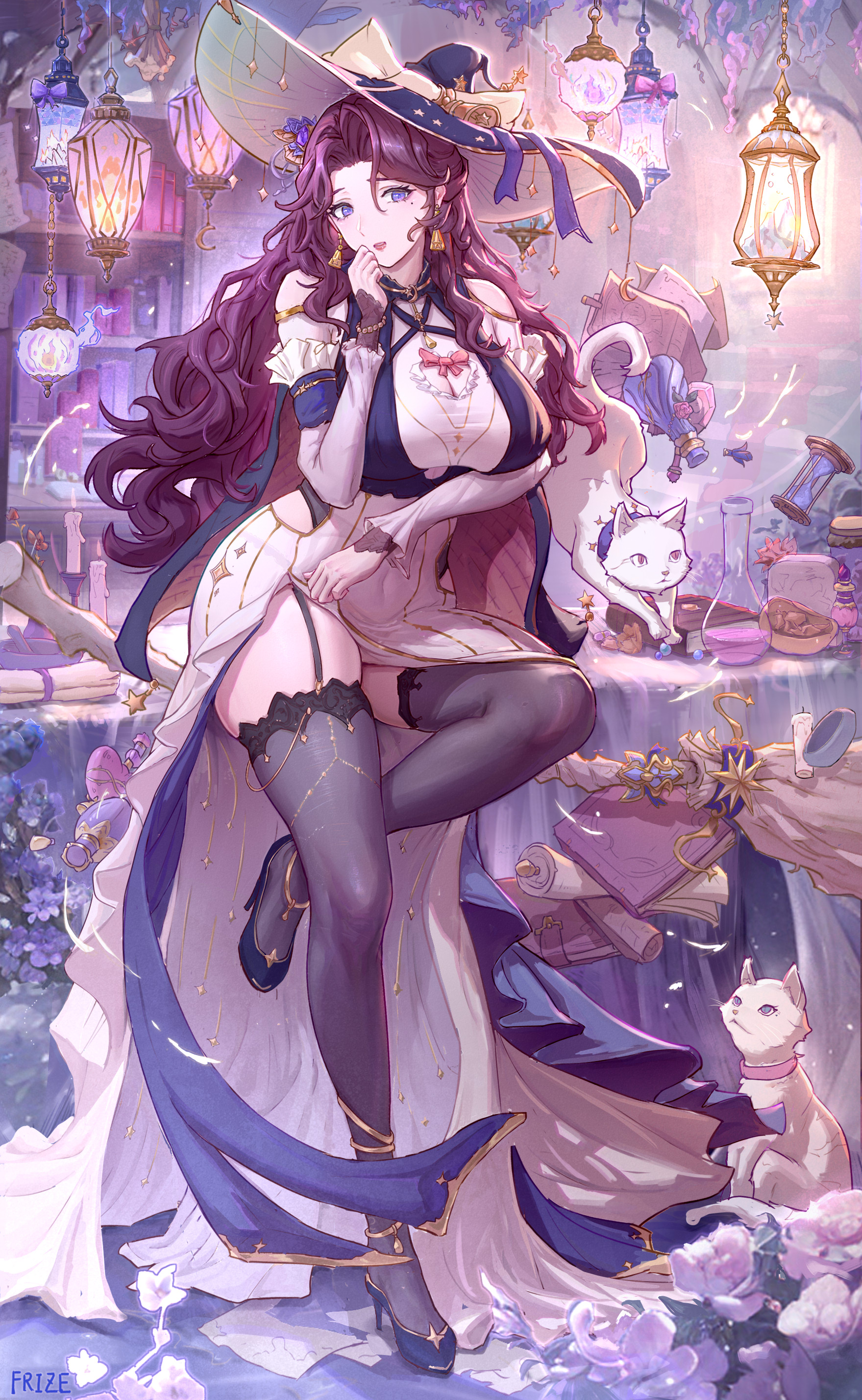 frize fulei, original, absurdres, highres, 1girl, cat, dress, garter straps, high heels, long hair, magic, mature female, mole, mole under eye, purple eyes, red hair, solo, thighhighs, witch, zettai ryouiki