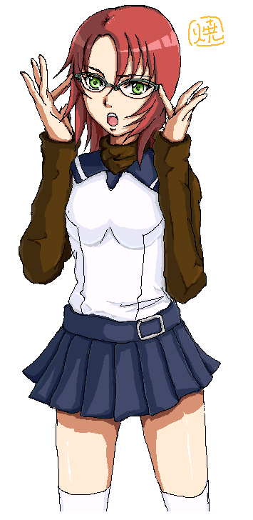 yakibuta, yuuki nao, my-hime, md5 mismatch, 00s, 1girl, :o, adjusting eyewear, belt, bespectacled, blue skirt, cowboy shot, female focus, glasses, green eyes, long sleeves, oekaki, pleated skirt, red hair, short hair, skirt, solo, thighhighs