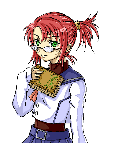 yakibuta, yuuki nao, my-hime, 00s, 1girl, alternate hairstyle, bespectacled, book, female focus, glasses, green eyes, holding, long sleeves, looking at viewer, red eyes, school uniform, side ponytail, sleeves past wrists, solo, turtleneck, white background