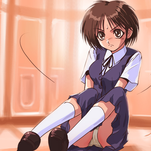 haruyama kazunori, nakamura asako, ushio to tora, lowres, 1990s (style), 1girl, dress, female focus, panties, pantyshot, retro artstyle, school uniform, serafuku, socks, solo, underwear, white panties