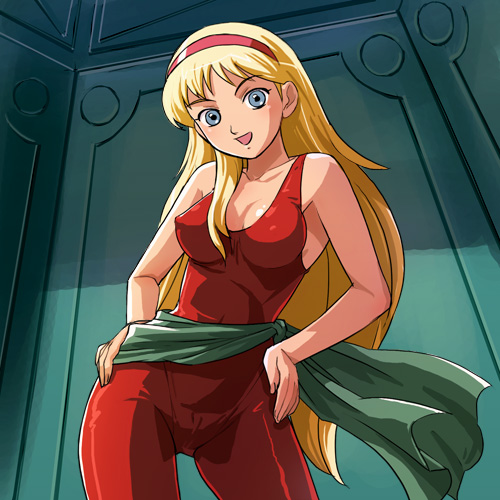 haruyama kazunori, marianne louvre, sei juushi bismarck, 1980s (style), lowres, 1girl, :d, april (saber rider), bare arms, bare shoulders, blonde hair, blue eyes, bodysuit, breasts, cameltoe, cleavage, contrapposto, covered erect nipples, cowboy shot, facing viewer, female focus, hairband, hands on own hips, head tilt, indoors, long hair, looking at viewer, no bra, oldschool, open mouth, pantyhose, pantylines, red bodysuit, red hairband, retro artstyle, saber rider, sash, small breasts, smile, solo, standing, very long hair