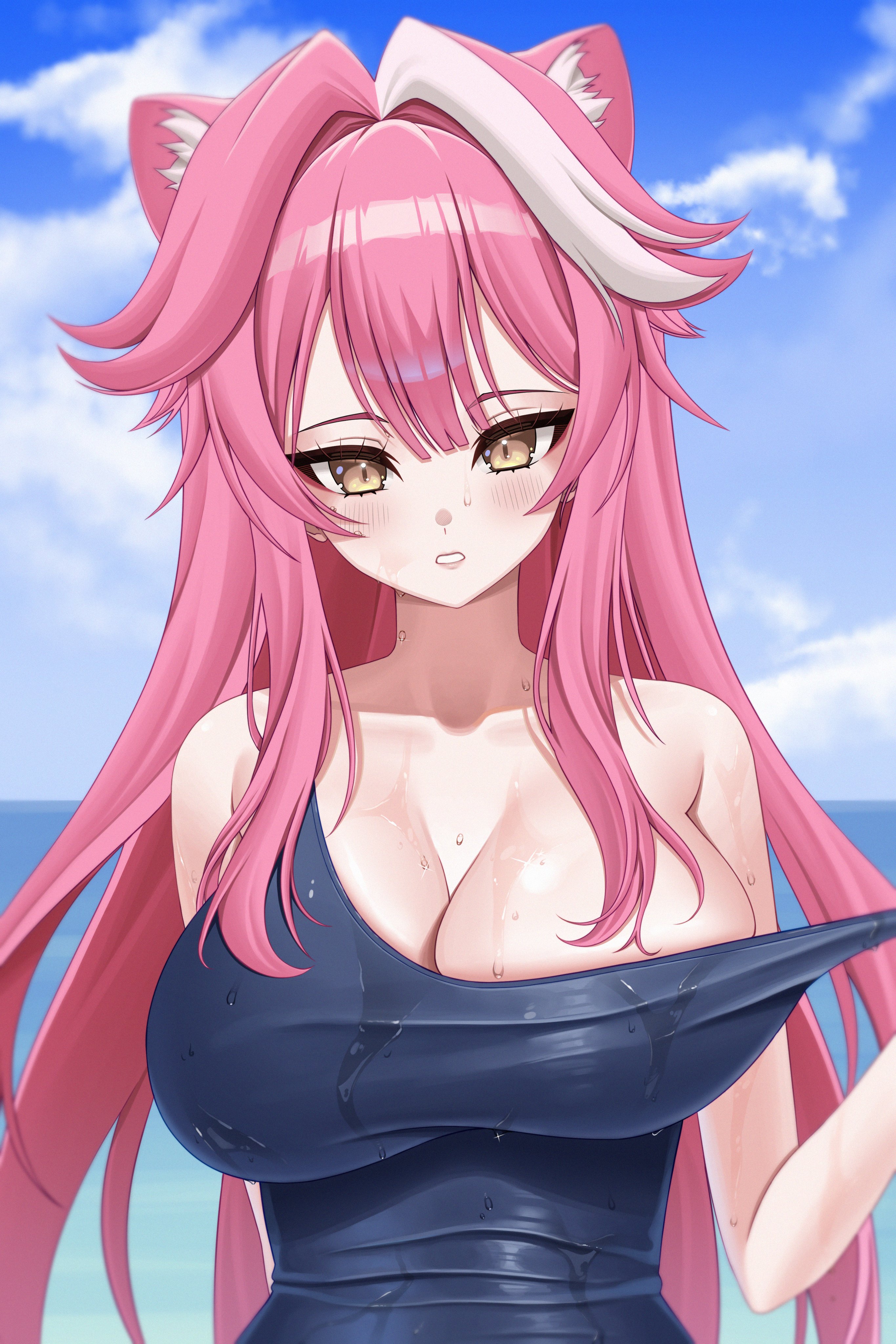 nagamma, raora panthera, hololive, hololive english, 1girl, animal ears, arm behind back, bare shoulders, blue one-piece swimsuit, blue sky, blush, clothes pull, day, dot nose, eyelashes, female focus, hand up, looking at viewer, multicolored hair, ocean, one-piece swimsuit, one-piece swimsuit pull, outdoors, panther ears, panther girl, parted lips, pink hair, sky, solo, swimsuit, teeth, two-tone hair, upper body, virtual youtuber, water, white hair, yellow eyes