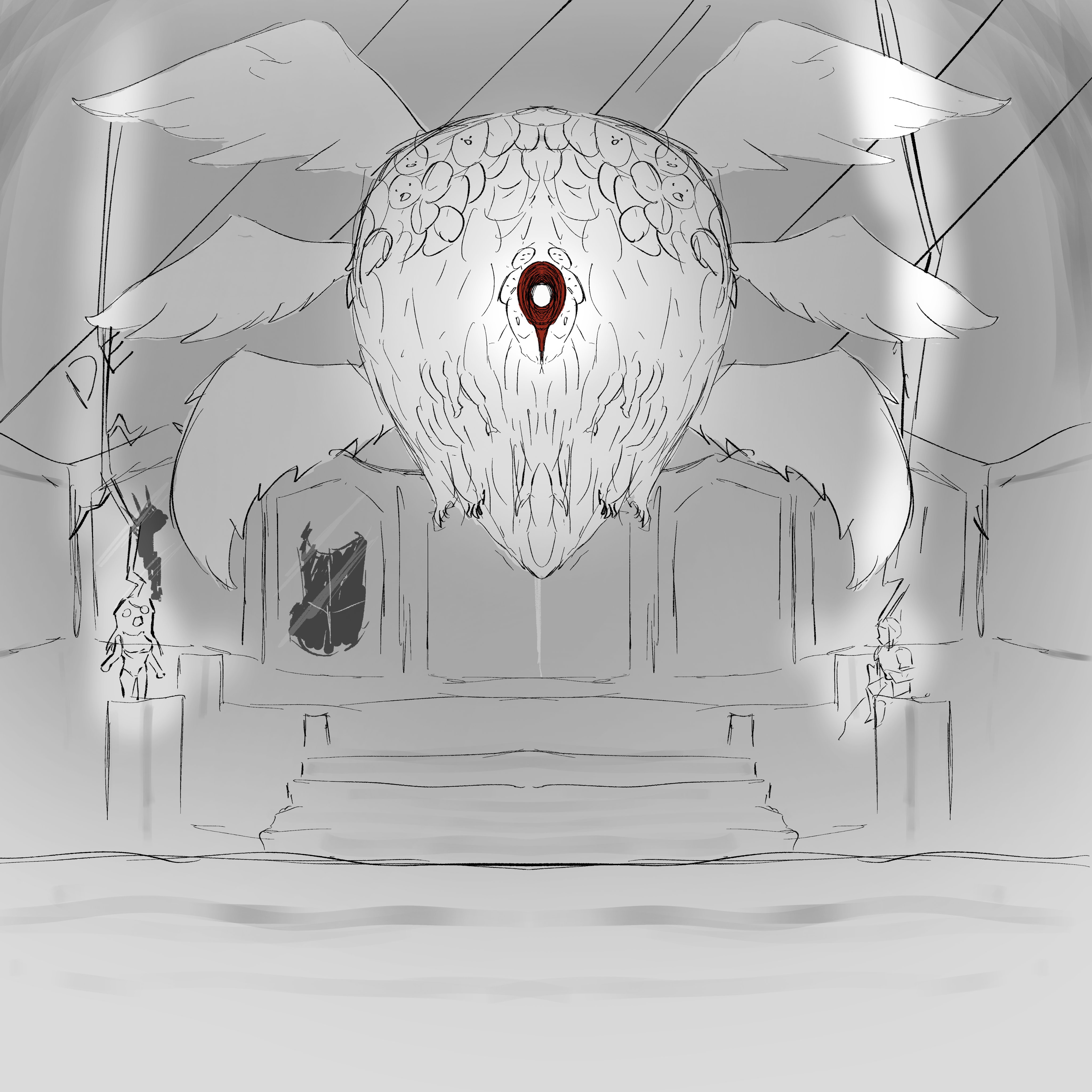 sister chloe, beyond citadel, the citadel, angel, monochrome, monster, multiple wings, one-eyed, sketch, stairs, wings, xenon (the citadel)