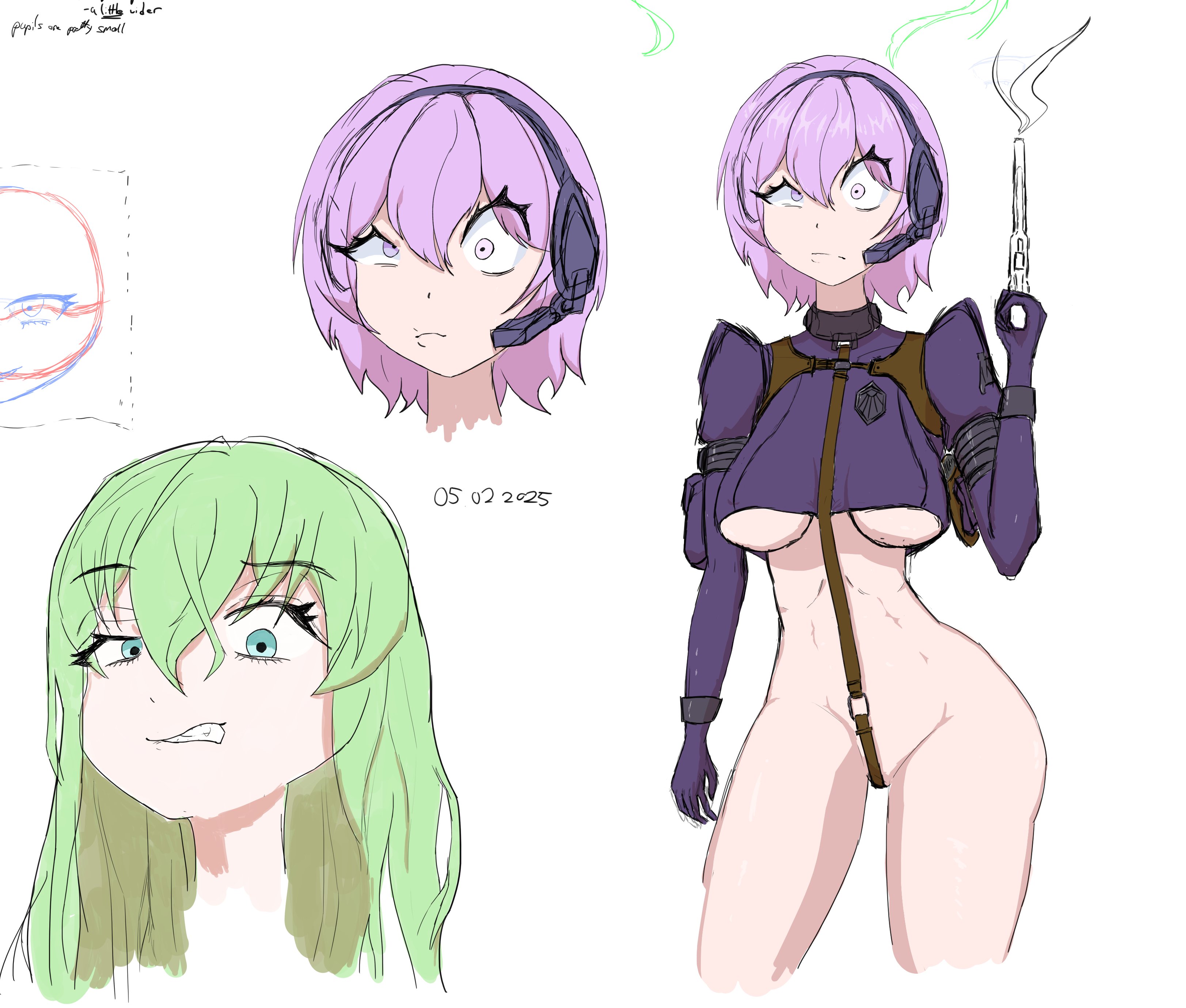 martyr (the citadel), beyond citadel, original, the citadel, revealing, 1girl, badge, collar, crotch strap, gloves, green eyes, green hair, gun, handgun, headset, holding, holding gun, holding weapon, long sleeves, purple gloves, purple shirt, shirt, simple background, sketch, smoke, smoking barrel, solo, weapon, white background