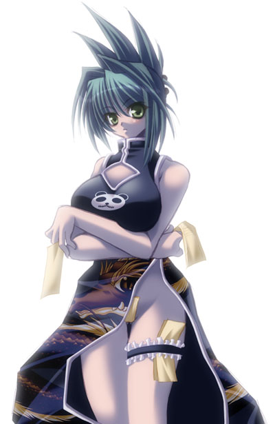 hakoiri nyanko, tao jun, shaman king, 1girl, bare shoulders, breasts, china dress, chinese clothes, cleavage cutout, clothing cutout, convenient censoring, dress, female focus, green eyes, green hair, huge breasts, maebari, matching hair/eyes, no panties, ofuda, side slit, solo, talisman, thigh strap, thighs