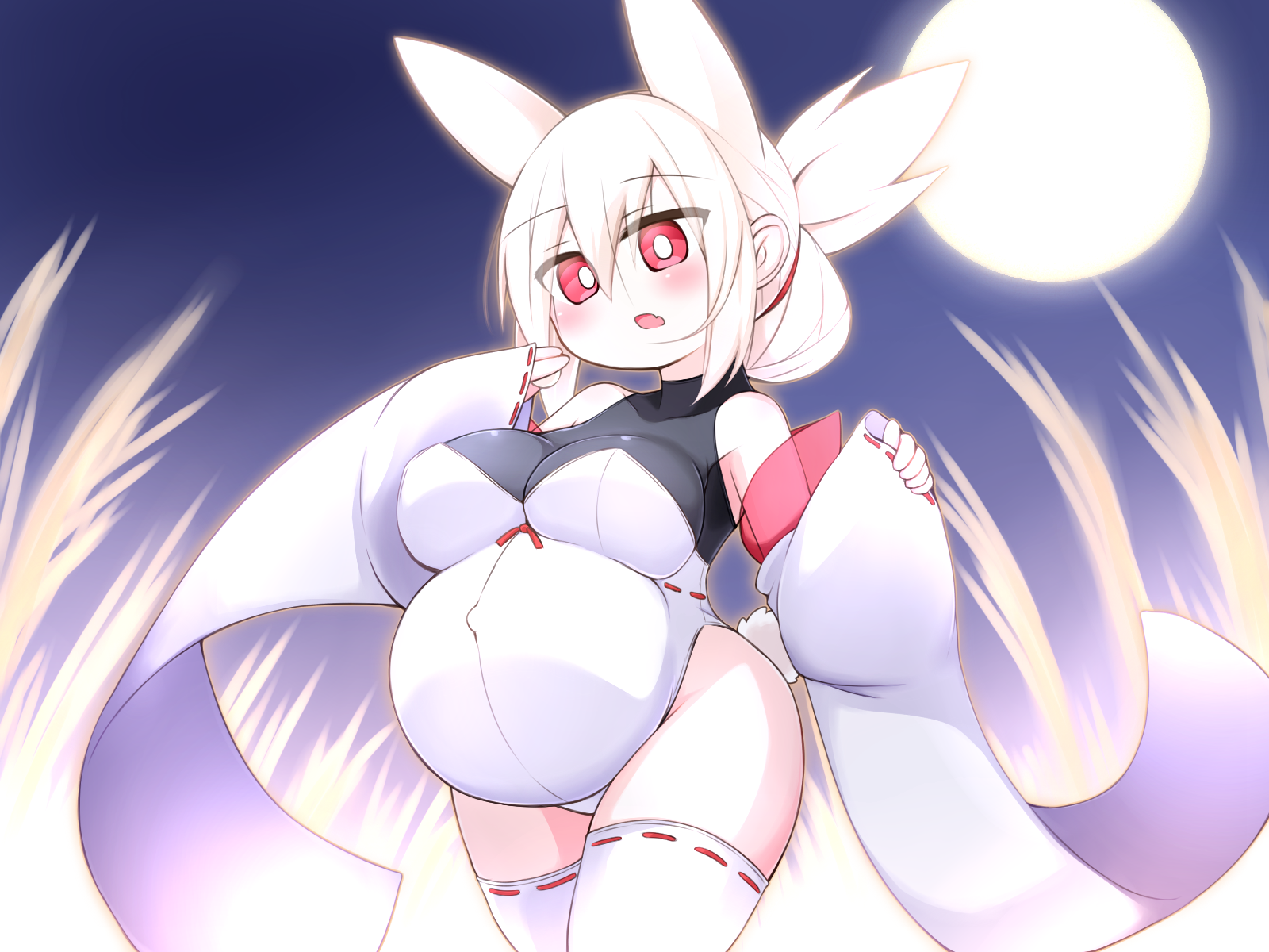 original, highres, 1girl, bare shoulders, belly, big belly, black leotard, blush, breasts, bright pupils, covered navel, full moon, hair between eyes, hiyayakko428, large breasts, leotard, moon, navel, night, night sky, open mouth, outie navel, pregnant, red eyes, sky, solo, stomach, thighhighs, white leotard, white pupils, white thighhighs