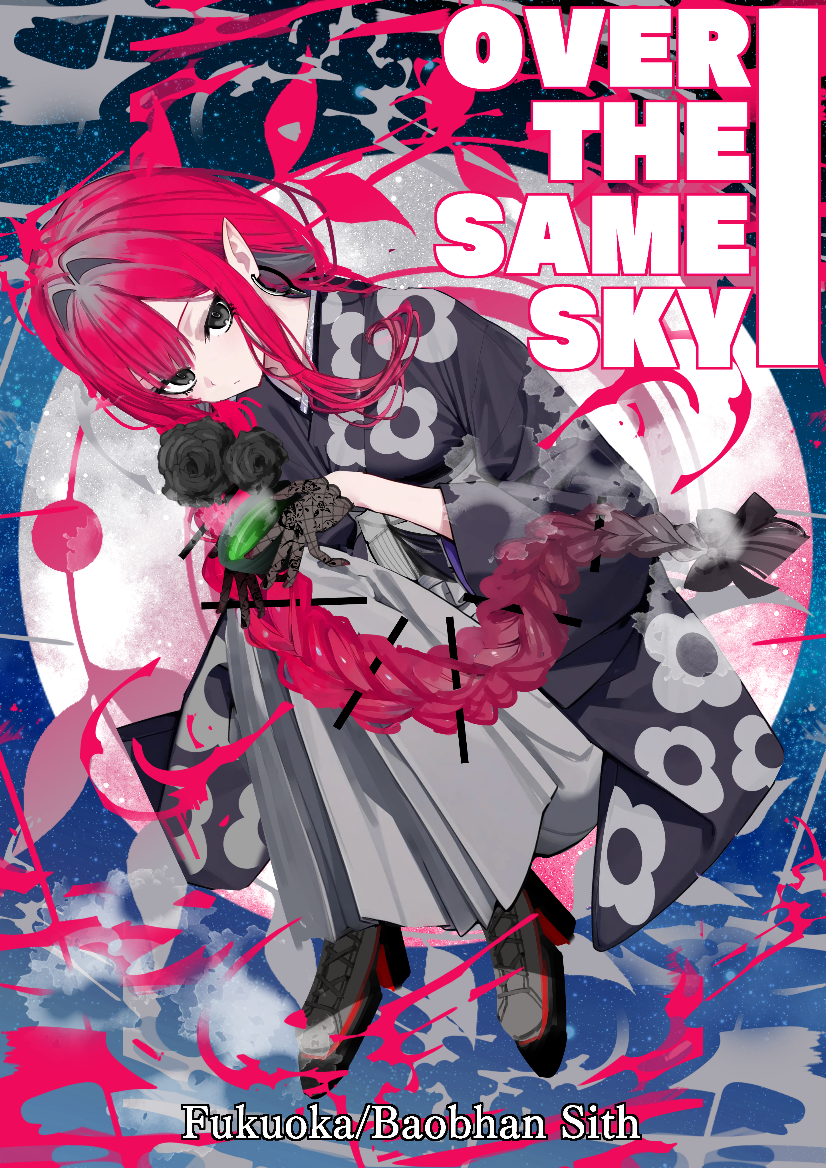 kitsunebi44410, baobhan sith (fate), fate/grand order, fate (series), absurdres, highres, 1girl, baobhan sith (over the same sky) (fate), black kimono, breasts, character name, cup, earrings, floral print, grey eyes, grey hakama, hakama, hakama skirt, japanese clothes, jewelry, kimono, long hair, long sleeves, looking at viewer, medium breasts, obi, pink hair, pointy ears, sash, sidelocks, skirt, solo, tea, wide sleeves