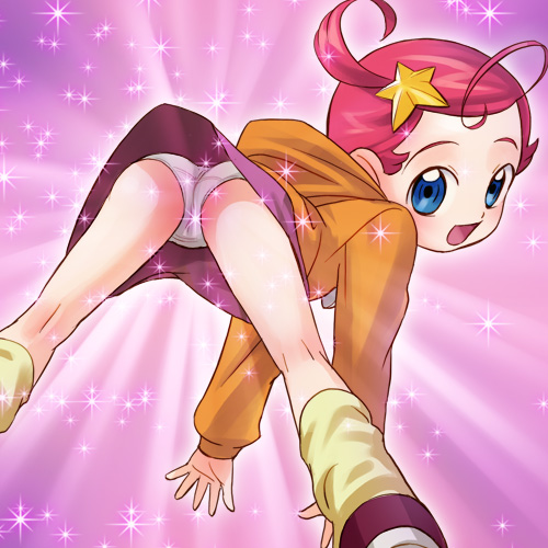 haruyama kazunori, comet (character), comet (comet-san), cosmic baton girl comet-san, lowres, 1girl, :d, ahoge, all fours, ass, blue eyes, blush, female focus, from behind, glowing, hair ornament, hood, hoodie, kneehighs, kneepits, loli, looking at viewer, looking back, loose socks, miniskirt, open mouth, panties, pantyshot, pink hair, shoes, short hair, skirt, smile, socks, solo, sparkle, spread legs, star (symbol), underwear, upskirt, white panties, yellow socks