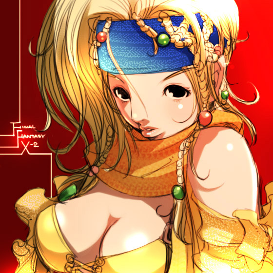 falcoon, rikku (ff10), final fantasy, final fantasy x, final fantasy x-2, 00s, 1girl, blonde hair, breasts, cleavage, copyright name, female focus, solo