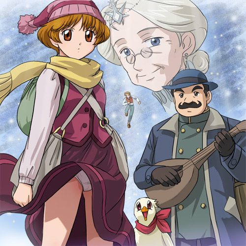 haruyama kazunori, arthur hastings, hercule poirot, jane marple, mabel west, oliver west, agatha christie no meitantei poirot to marple, lowres, 2girls, 3boys, bag, glasses, hat, instrument, lute (instrument), multiple boys, multiple girls, panties, pantyshot, scarf, underwear