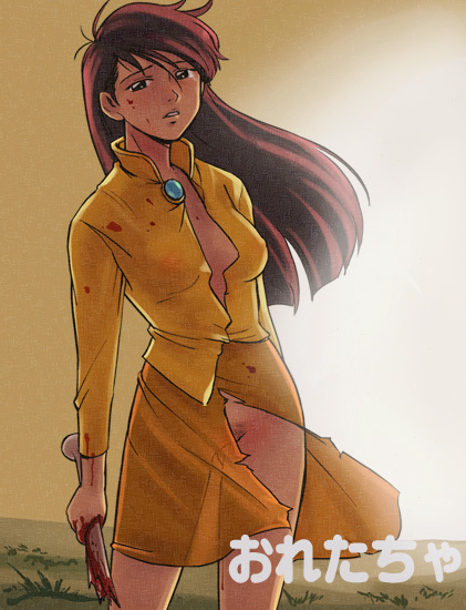 haruyama kazunori, ganjou chieko, apache yakyuugun, 1girl, baseball bat, blood, blood on clothes, blood on face, bloody knife, bloody weapon, blouse, breasts, brown hair, collared shirt, dress, female focus, female pubic hair, knife, long hair, medium breasts, no panties, open clothes, open shirt, pubic hair, see-through clothes, shirt, skirt, solo, torn clothes, torn dress, torn shirt, torn skirt, weapon