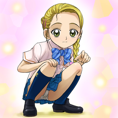 haruyama kazunori, kujou hikari, futari wa precure, futari wa precure max heart, precure, lowres, 00s, 1girl, black socks, blue bow, bow, braid, female focus, hair over shoulder, kneehighs, panties, pantyshot, school uniform, serafuku, single braid, socks, solo, squatting, underwear
