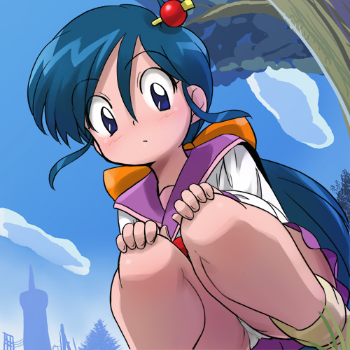 haruyama kazunori, omonchan, edokko boy gatten tasuke, lowres, 1990s (style), 1girl, blue eyes, blue hair, blush, cloud, female focus, hair ornament, hairpin, hands on own knees, long hair, long sleeves, looking at viewer, panties, pantyshot, ponytail, purple skirt, retro artstyle, shirt, skirt, sky, solo, squatting, tree, underwear, white panties, white shirt