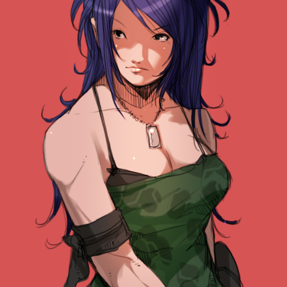 falcoon, leona heidern, snk, the king of fighters, 1girl, black eyes, blue hair, dog tags, female focus, long hair, solo