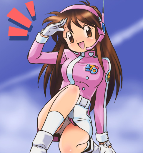 haruyama kazunori, kawai iko, chikyuu bouei shoujo iko-chan, 1girl, boots, breasts, brown eyes, brown hair, dot nose, female focus, gloves, headset, large breasts, long hair, long sleeves, looking at viewer, matching hair/eyes, open mouth, outdoors, panties, pantyshot, salute, skirt, sky, smile, socks, solo, thighs, underwear, upskirt, very long hair, white skirt, white socks