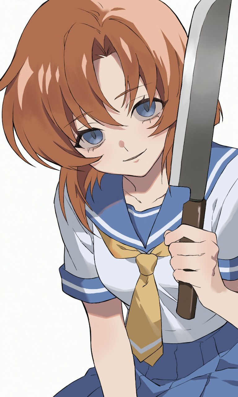 yakizakana (sakana u u), ryuuguu rena, higurashi no naku koro ni, commentary, highres, 1girl, blue eyes, blue sailor collar, blue skirt, empty eyes, eyelashes, hair between eyes, holding, holding weapon, looking at viewer, nata (tool), neckerchief, orange hair, parted lips, sailor collar, school uniform, serafuku, short hair, short sleeves, simple background, skirt, solo, weapon, white background