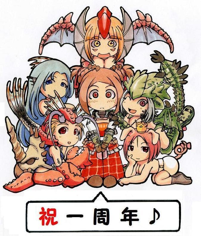 daimyo hermitaur, plesioth, poogie, rathian, yian kut-ku, capcom, monster hunter (series), 6+girls, blue hair, bow, breasts, brown hair, cosplay, crown, lao-shan lung (armor), multiple girls, personification, pig, pink hair, red hair