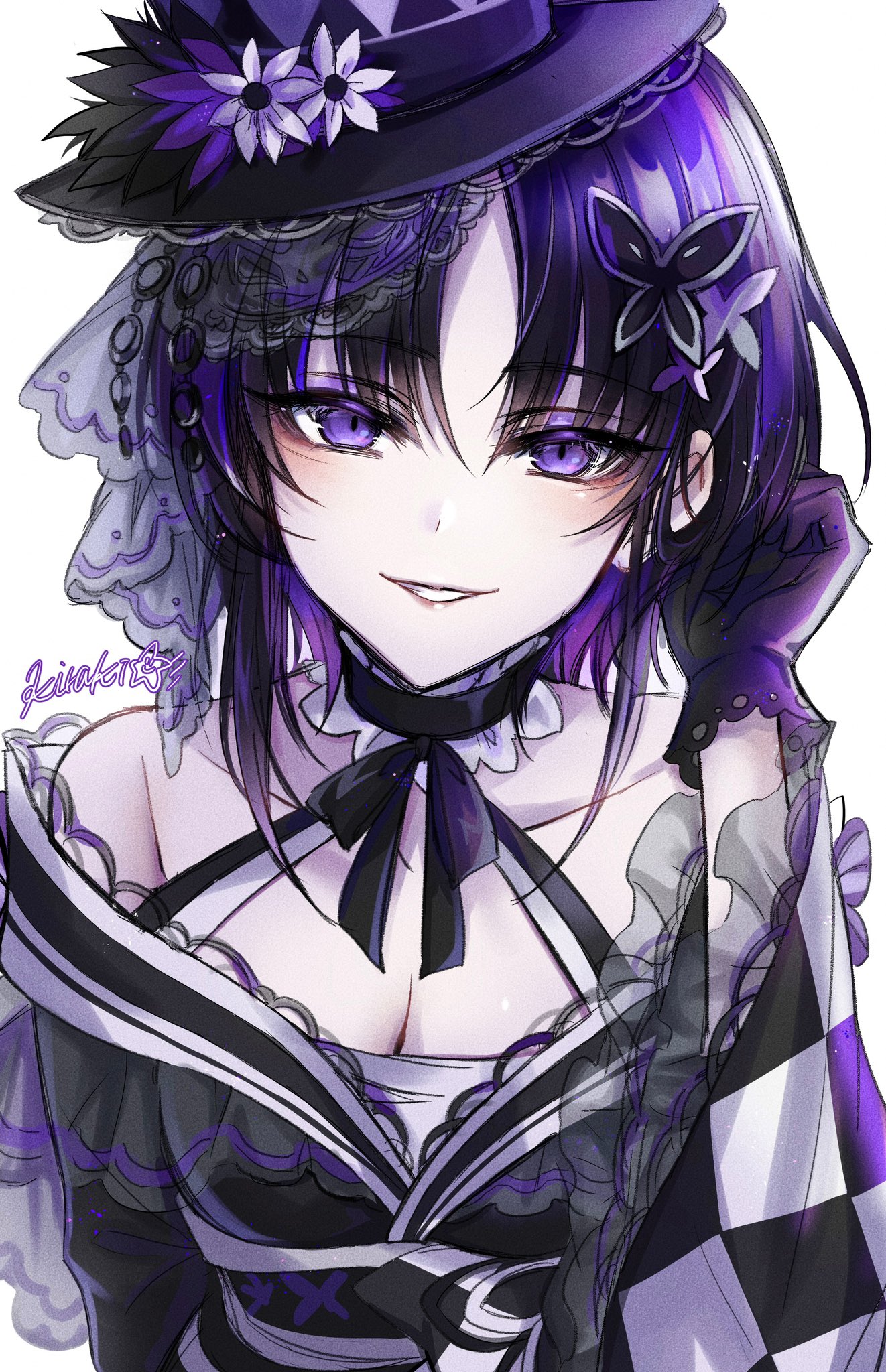 kiraki, houshou margo, mahou shoujo no majo saiban, commentary request, highres, 1girl, bare shoulders, black choker, black gloves, black hair, black kimono, black ribbon, breasts, butterfly hair ornament, choker, cleavage, flower, frilled choker, frills, gloves, hair ornament, hand up, hat, hat flower, japanese clothes, kimono, lolita fashion, long sleeves, looking at viewer, magical girl, neck ribbon, pale skin, parted bangs, purple eyes, ribbon, short hair, simple background, smile, solo, top hat, upper body, wa lolita, white background