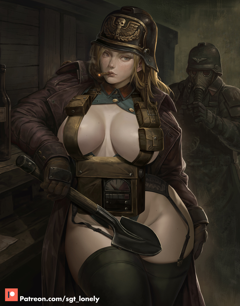 sgt lonely, astra militarum, death korps of krieg, imperium of man, warhammer 40k, 1girl, bandolier, belt, blonde hair, bottomless, breasts, breathing nozzle, breathing tube, cigar, coat, convenient censoring, gas mask, gas mask canister, gloves, helmet, holding, holding shovel, holding weapon, hose nozzle, jacket, large breasts, looking at viewer, mask, military, military coat, military uniform, naked jacket, obscured eyes, shovel, smoking, soldier, thighhighs, trench shovel, weapon