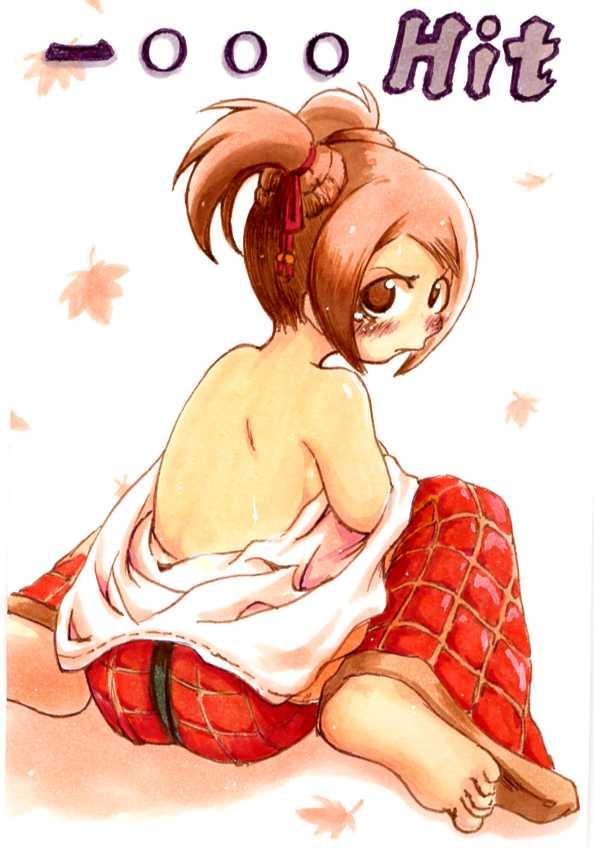 ibukichi, capcom, monster hunter (series), tagme, 1girl, angry, backless outfit, barefoot, blush, brown eyes, brown hair, feet, female focus, from behind, lao-shan lung (armor), looking at viewer, looking back, short hair, sitting, soles, solo, tears, twintails, wariza