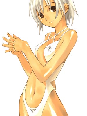 lowres, 1girl, brown eyes, casual one-piece swimsuit, female focus, halterneck, interlocked fingers, navel, one-piece swimsuit, own hands clasped, own hands together, smile, solo, swimsuit, white hair