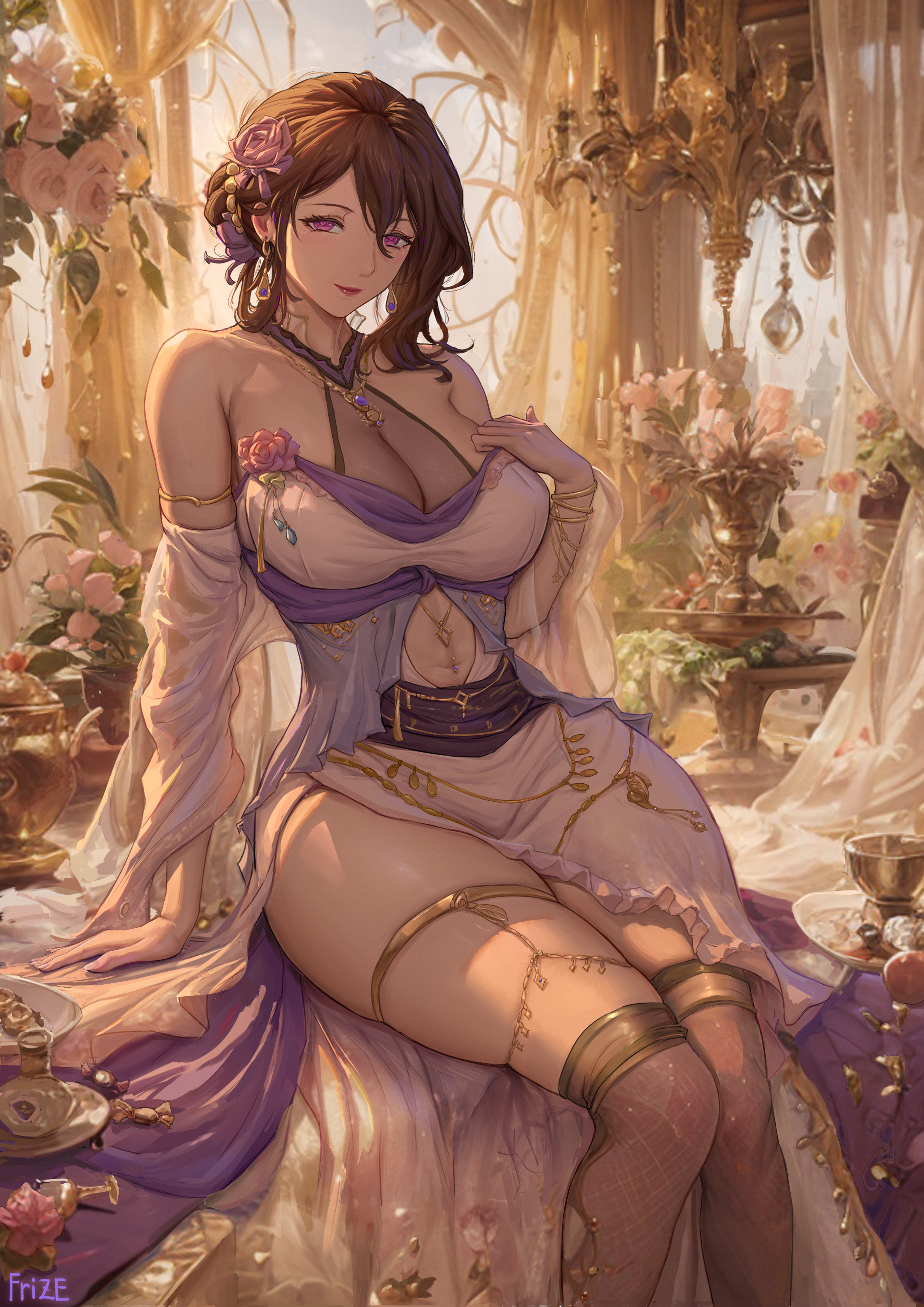 frize fulei, original, absurdres, highres, 1girl, breasts, brown hair, dress, flower, hair flower, hair ornament, kneehighs, large breasts, looking at viewer, mature female, navel piercing, piercing, pink dress, purple dress, purple eyes, socks, solo