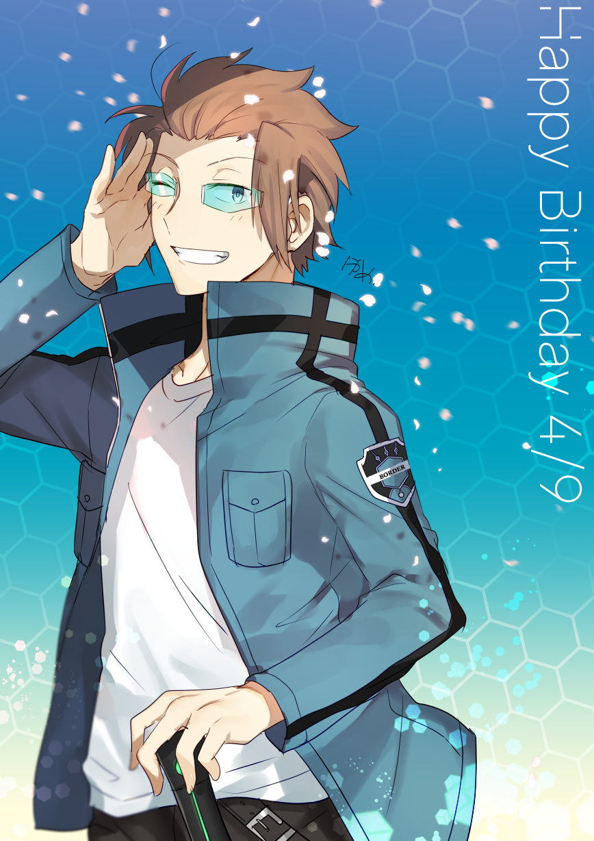 nikame, jin yuuichi, world trigger, highres, brown hair, happy birthday, jacket, male focus, one eye closed, shirt, smile