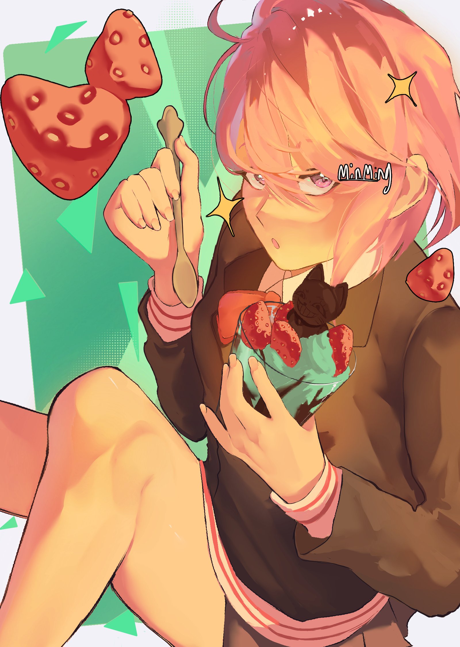 shiratori aira (dandadan), turbo granny (dandadan), dandadan, commentary, highres, symbol-only commentary, 1girl, artist name, bare legs, blue skirt, bow, bowtie, collared shirt, cup, feet out of frame, food, fruit, hair between eyes, holding, holding cup, holding spoon, jacket, kami high school uniform, looking at viewer, miniskirt, minming, parted lips, pink hair, pleated skirt, red bow, red bowtie, school uniform, shirt, short hair, skirt, solo, sparkle, spoon, strawberry, white shirt
