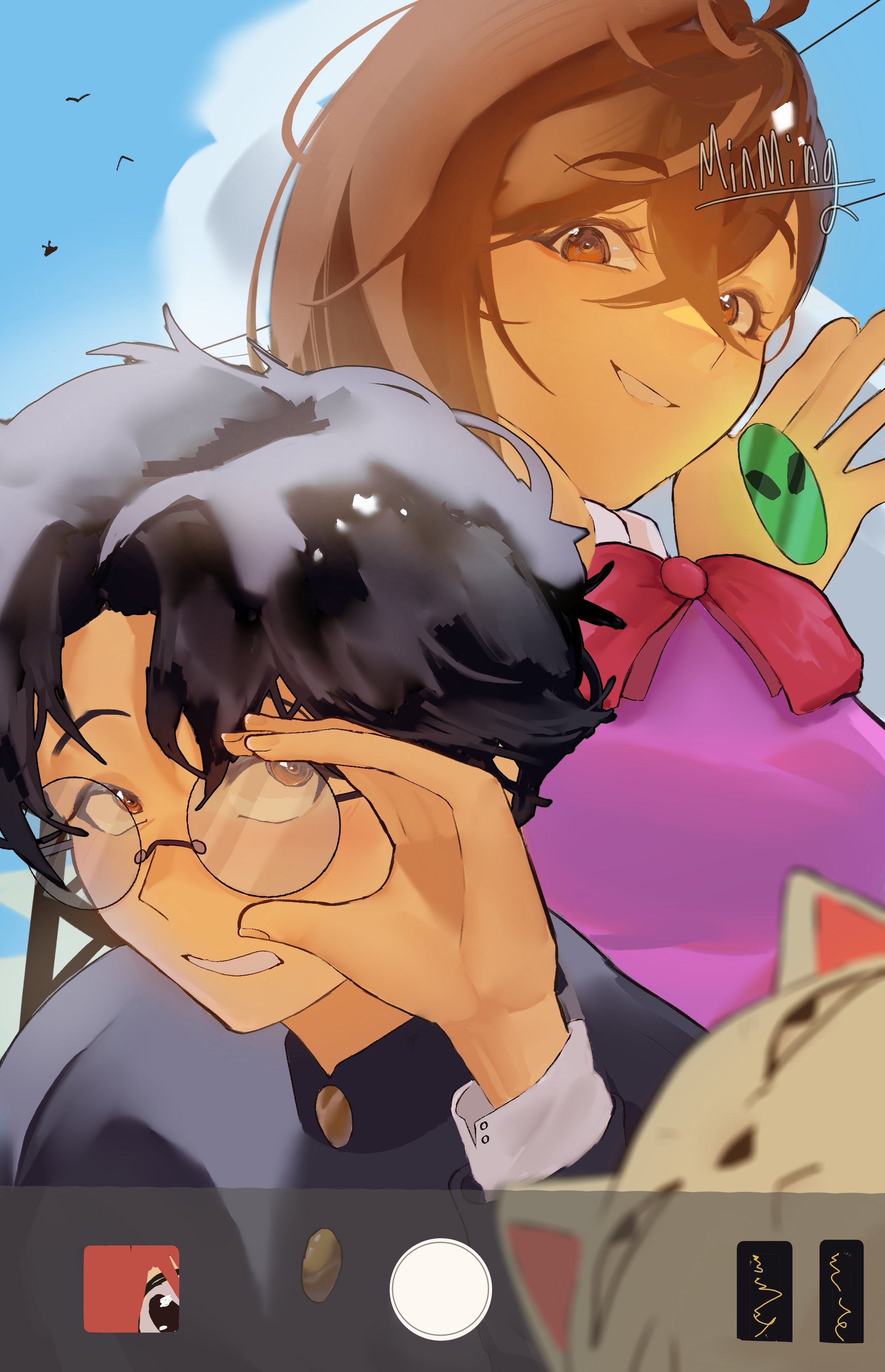 ayase momo, takakura ken (dandadan), turbo granny (dandadan), dandadan, absurdres, commentary, english commentary, highres, 1boy, 2girls, adjusting eyewear, artist name, black hair, black jacket, blue sky, bow, bowtie, brown eyes, brown hair, cat, cloud, cloudy sky, crossed bangs, earrings, gakuran, glasses, hair between eyes, jacket, jewelry, kami high school uniform, long sleeves, looking at another, looking at viewer, looking up, maneki-neko, minming, multiple girls, outdoors, parted lips, pink sweater, red bow, red bowtie, round eyewear, school uniform, short hair, sky, smile, sweater, upper body, waving