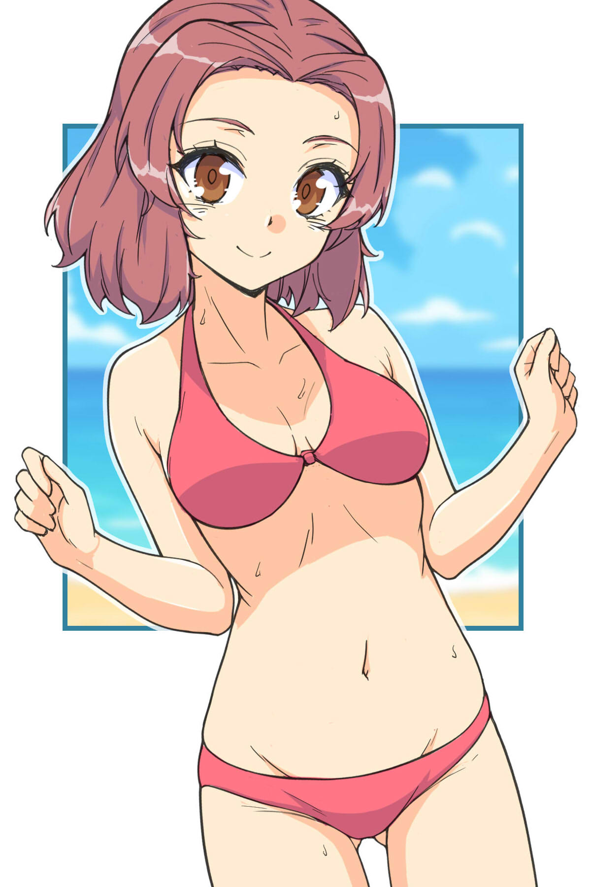 renshiu, rosehip (girls und panzer), girls und panzer, commentary, highres, symbol-only commentary, 1girl, bikini, blue sky, breasts, brown eyes, closed mouth, cowboy shot, groin, halterneck, horizon, looking at viewer, medium breasts, medium hair, navel, ocean, red bikini, red hair, sky, smile, solo, standing, swimsuit, w arms