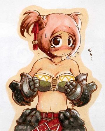 capcom, monster hunter (series), character request, lowres, armor, bandeau bikini, blush, sweat, tears