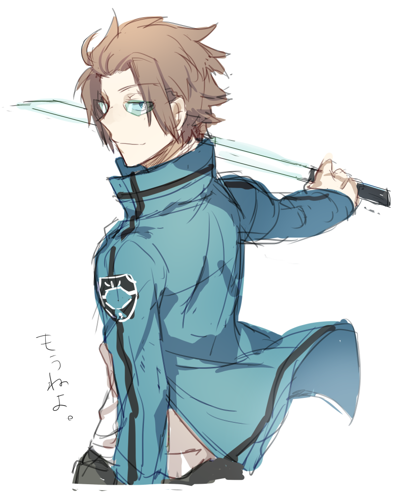 nikame, jin yuuichi, world trigger, brown hair, jacket, looking at viewer, male focus, smile, sword, weapon, white background