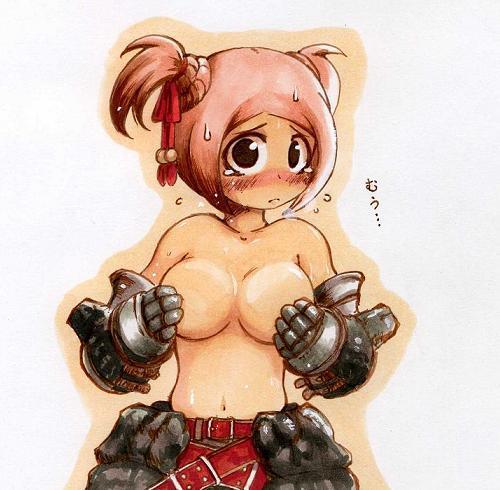 capcom, monster hunter (series), lowres, armor, black gravios (armor), blush, sweat, tears, topless female