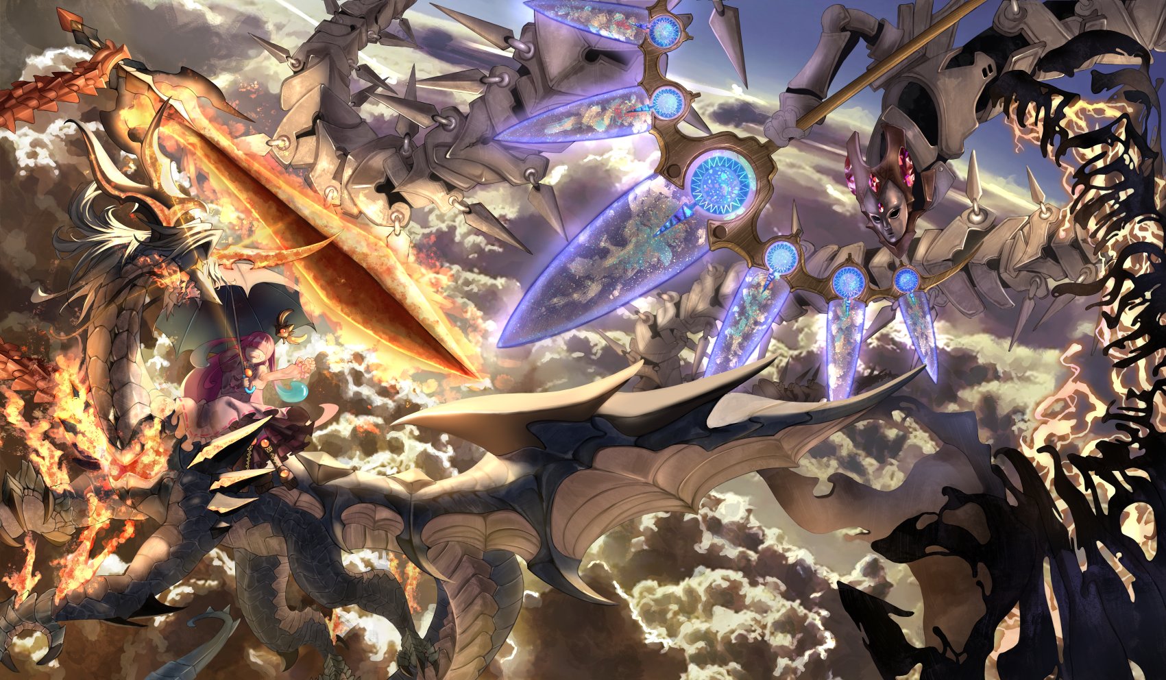 osam, purinpurin (duel masters), duel masters, highres, 1girl, above clouds, arm up, battle, cloud, dragon, dragon tail, dragon wings, dress, fire, flaming sword, flaming weapon, giant, giant monster, glowing, glowing eye, hair over eyes, holding, holding polearm, holding umbrella, holding weapon, long hair, open mouth, polearm, riding dragon, sky, sword, tail, tentacle hair, umbrella, very long hair, weapon, wings