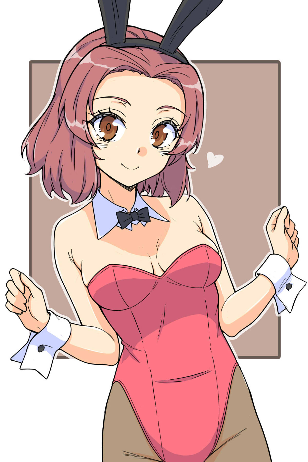 renshiu, rosehip (girls und panzer), girls und panzer, commentary, highres, symbol-only commentary, 1girl, alternate costume, animal ears, black bow, black bowtie, bow, bowtie, breasts, brown eyes, closed mouth, cowboy shot, detached collar, fake animal ears, grey background, grey pantyhose, heart, leotard, looking at viewer, medium breasts, medium hair, outline, pantyhose, playboy bunny, rabbit ears, red hair, red leotard, smile, solo, standing, strapless, strapless leotard, w arms, white outline, wing collar, wrist cuffs