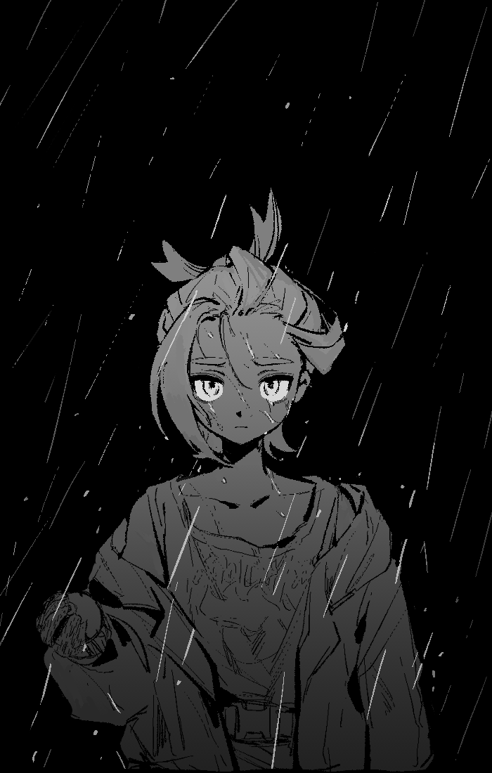 atama ga pa, kieran (pokemon), nintendo, pokemon, pokemon sv, commentary request, collarbone, greyscale, holding, holding poke ball, jacket, long sleeves, looking at viewer, monochrome, off shoulder, open clothes, open jacket, poke ball, rain, simple background, solo, tank top, upper body, wet