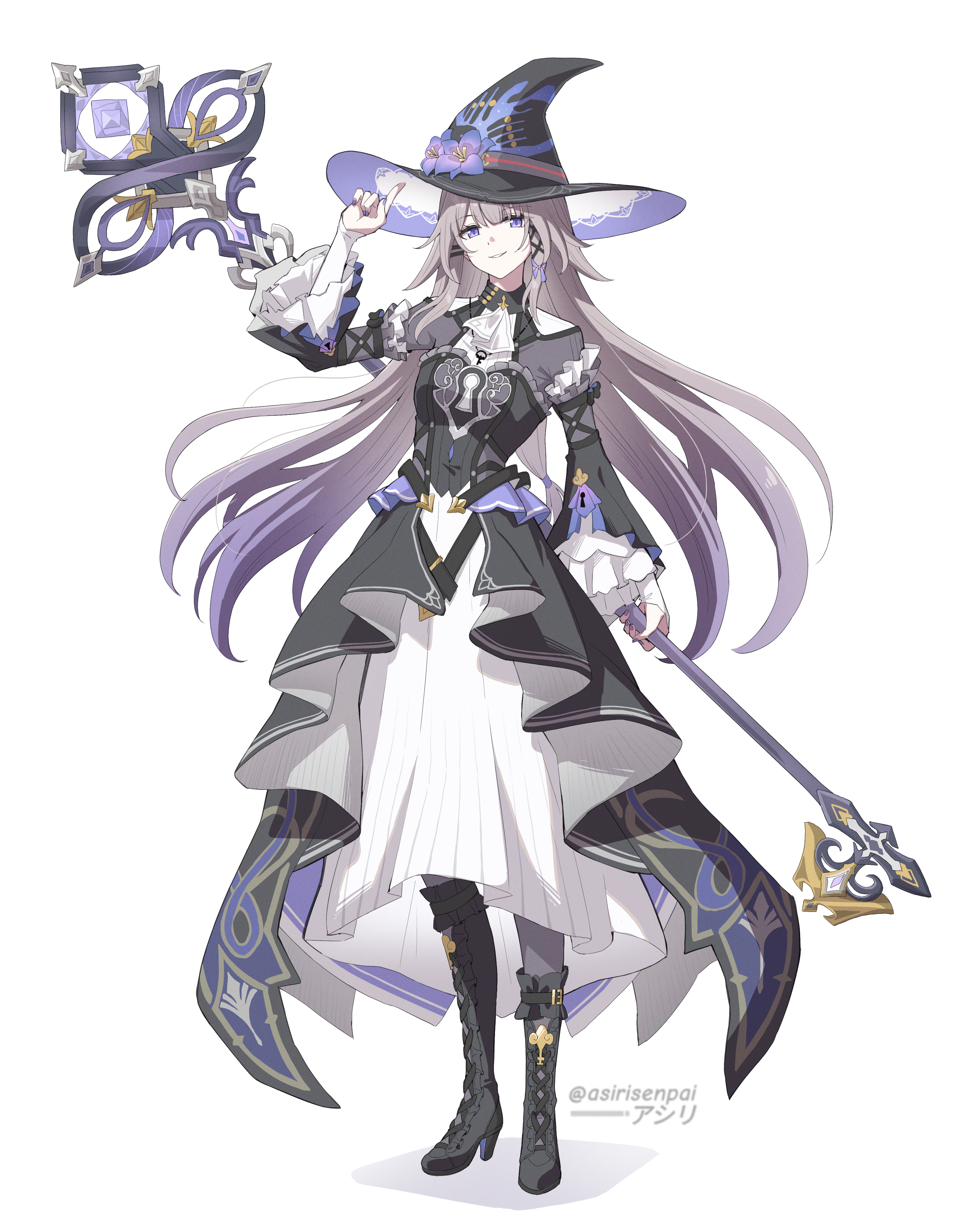 asiri senpai, herta (honkai: star rail), the herta (honkai: star rail), honkai: star rail, honkai (series), absurdres, commentary, highres, 1girl, adapted costume, ascot, black boots, black dress, black shrug, boots, breasts, brown hair, colored tips, dress, fingernails, flower, full body, gradient hair, hair ribbon, hand up, hat, hat flower, holding, holding staff, jewelry, key, key necklace, long hair, long skirt, long sleeves, looking at viewer, medium breasts, multicolored hair, nail polish, necklace, parted lips, purple eyes, purple flower, purple hair, purple nails, purple ribbon, ribbon, shrug (clothing), simple background, skirt, smile, solo, staff, standing, twitter username, white ascot, white background, white skirt, witch hat