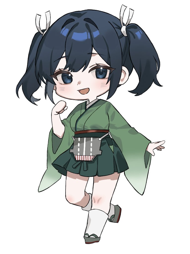 yakizakana (sakana u u), souryuu (kancolle), kantai collection, commentary request, 1girl, black hair, blue eyes, blush, breasts, chibi, chibi only, clenched hand, full body, green hakama, green kimono, hair ribbon, hakama, hakama skirt, japanese clothes, kimono, open mouth, ribbon, short twintails, simple background, skirt, solo, twintails, white background, white ribbon, wide sleeves