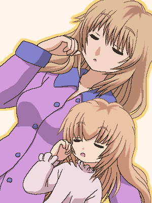 awa, kokonoe aki, kokonoe rin, kodomo no jikan, lowres, 00s, 2girls, age difference, brown hair, child, collarbone, cuddling, jaggy lines, long hair, mother and daughter, multiple girls, oekaki, pajamas, simple background, sleeping