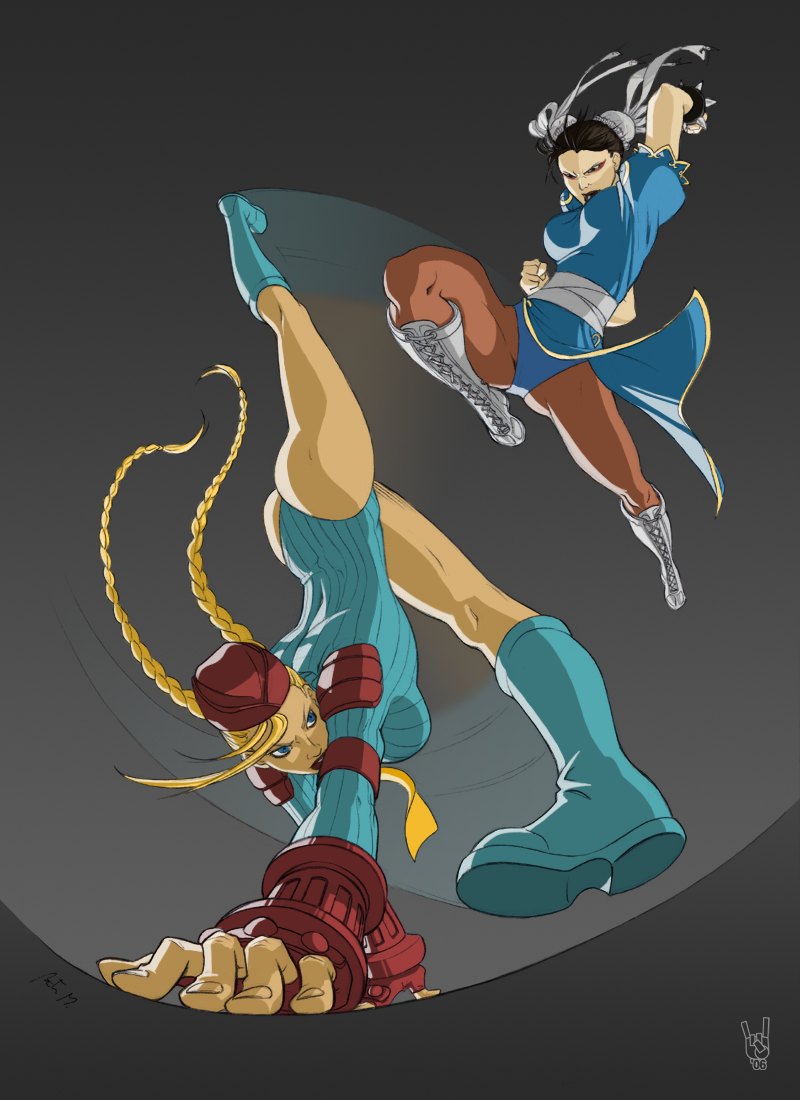 cammy white, chun-li, capcom, street fighter, 2girls, ass, blonde hair, blue eyes, blue leotard, braid, china dress, chinese clothes, dress, garrison cap, hat, high kick, kicking, leotard, multiple girls, pantyhose, perspective, sash, sleeved leotard