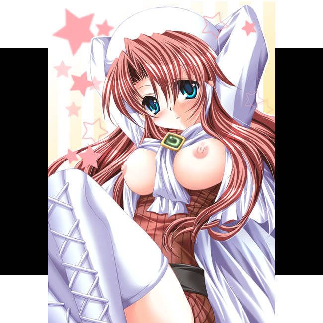 tamagawa yukimaru, aty, aty (summon night), summon night, summon night 3, 1girl, blue eyes, blush, boots, breasts, female focus, hat, large breasts, long hair, nipples, no bra, open clothes, open shirt, red hair, shirt, solo, thighhighs, white boots