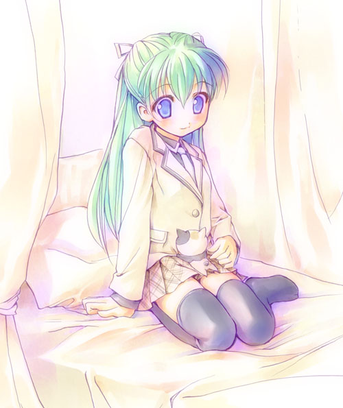 takoyaki (roast), alice carroll, president maa, aria (manga), 00s, 1girl, animal, animal on lap, bed, cat, female focus, on lap, sitting, solo, thighhighs