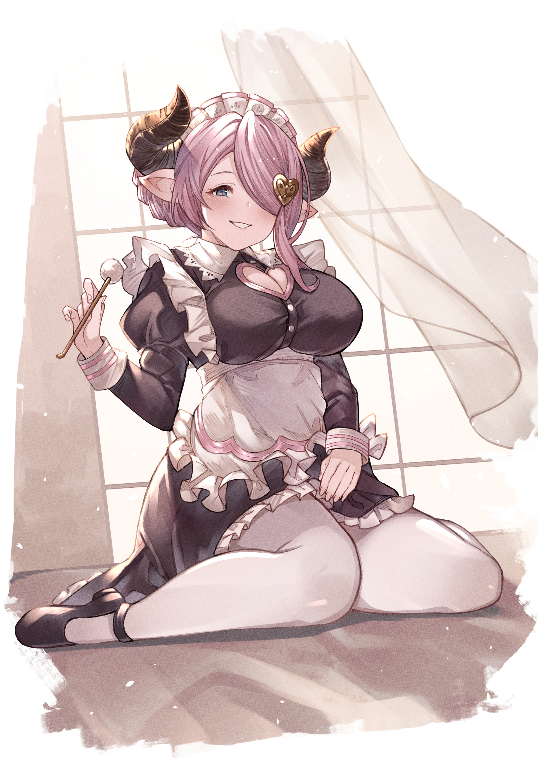 ayacho, narmaya (granblue fantasy), granblue fantasy, absurdres, commentary request, highres, 1girl, apron, blue eyes, braid, breasts, demon horns, draph, frills, hair over one eye, horns, indoors, katana, large breasts, long hair, maid, maid apron, maid headdress, mimikaki, pantyhose, pink hair, pointy ears, shoes, single braid, skirt, solo, sword, weapon, white apron, white pantyhose