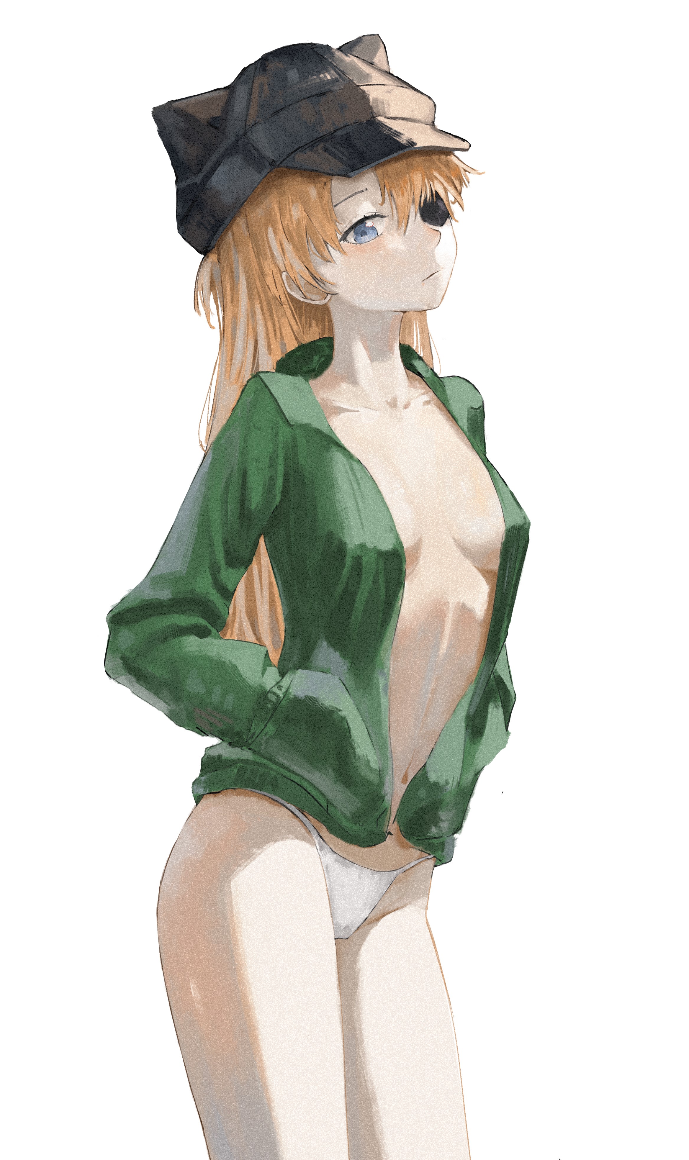 daquila, souryuu asuka langley, evangelion: 3.0+1.0 thrice upon a time, neon genesis evangelion, rebuild of evangelion, highres, 1girl, blue jacket, breasts, brown hair, closed mouth, cowboy shot, curvy, expressionless, eyepatch, green jacket, hairpods, hands in pockets, jacket, looking at viewer, medium breasts, navel, open clothes, open jacket, panties, simple background, solo, stomach, thong, underwear, white panties, wide hips