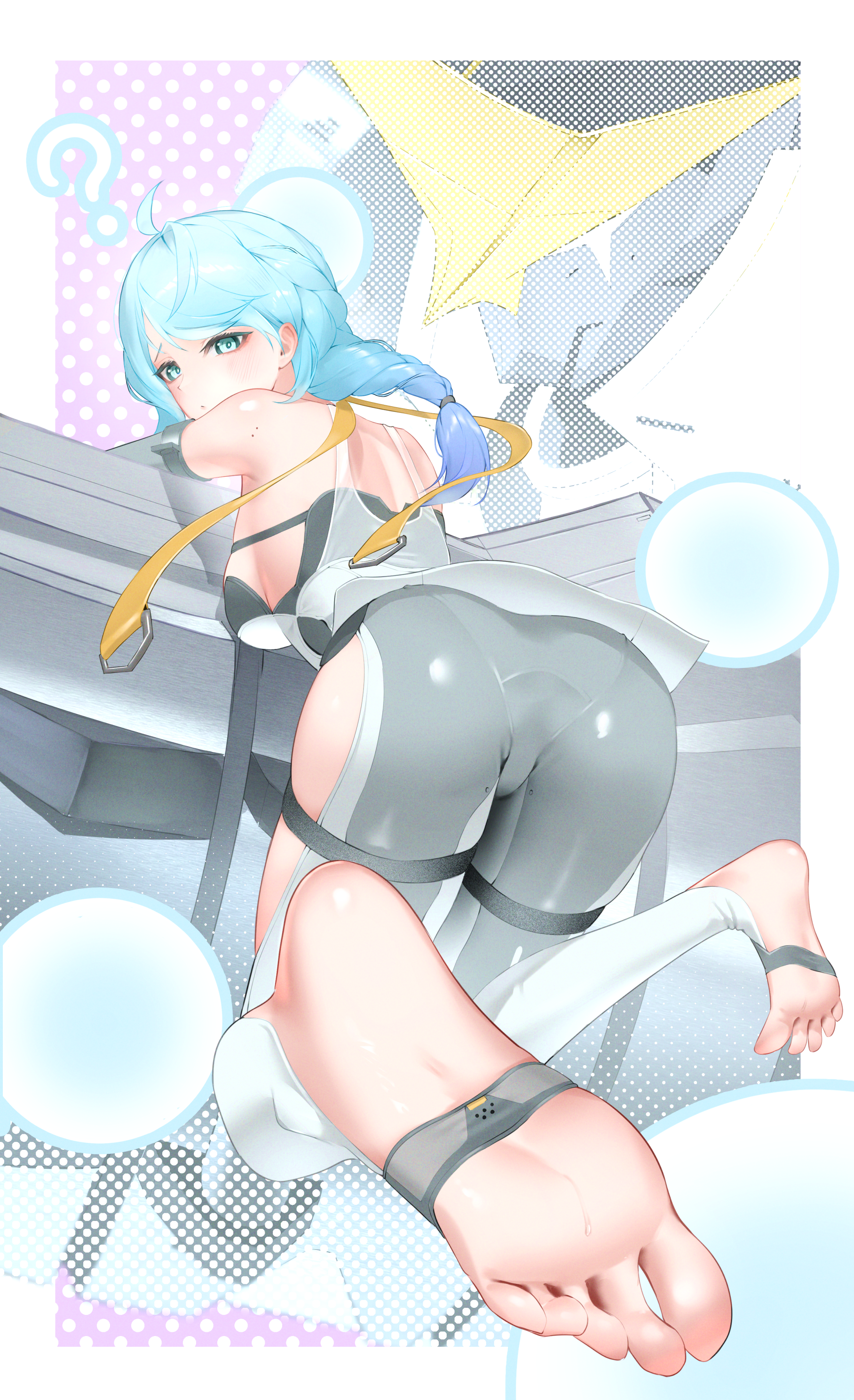 seed (zenless zone zero), zenless zone zero, absurdres, highres, ass, barefoot, blue hair, dress, feet, green eyes, nekoten (pixiv 50710337), seed sr., white dress