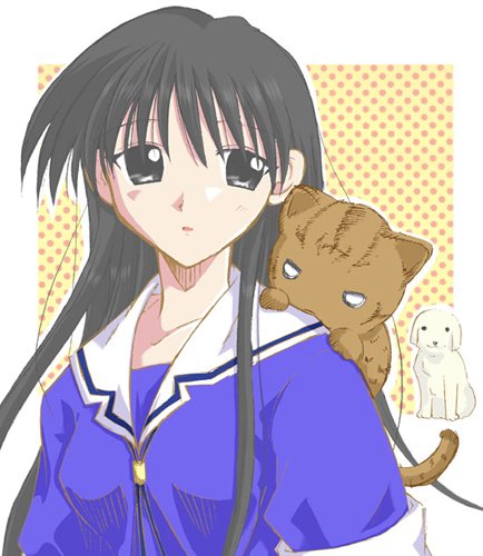 maya (azumanga), mayaa (azumanga daioh), sakaki (azumanga daioh), tadakichi-san, azumanga daiou, lowres, black eyes, black hair, cat, dog, long hair, school uniform, serafuku, solo