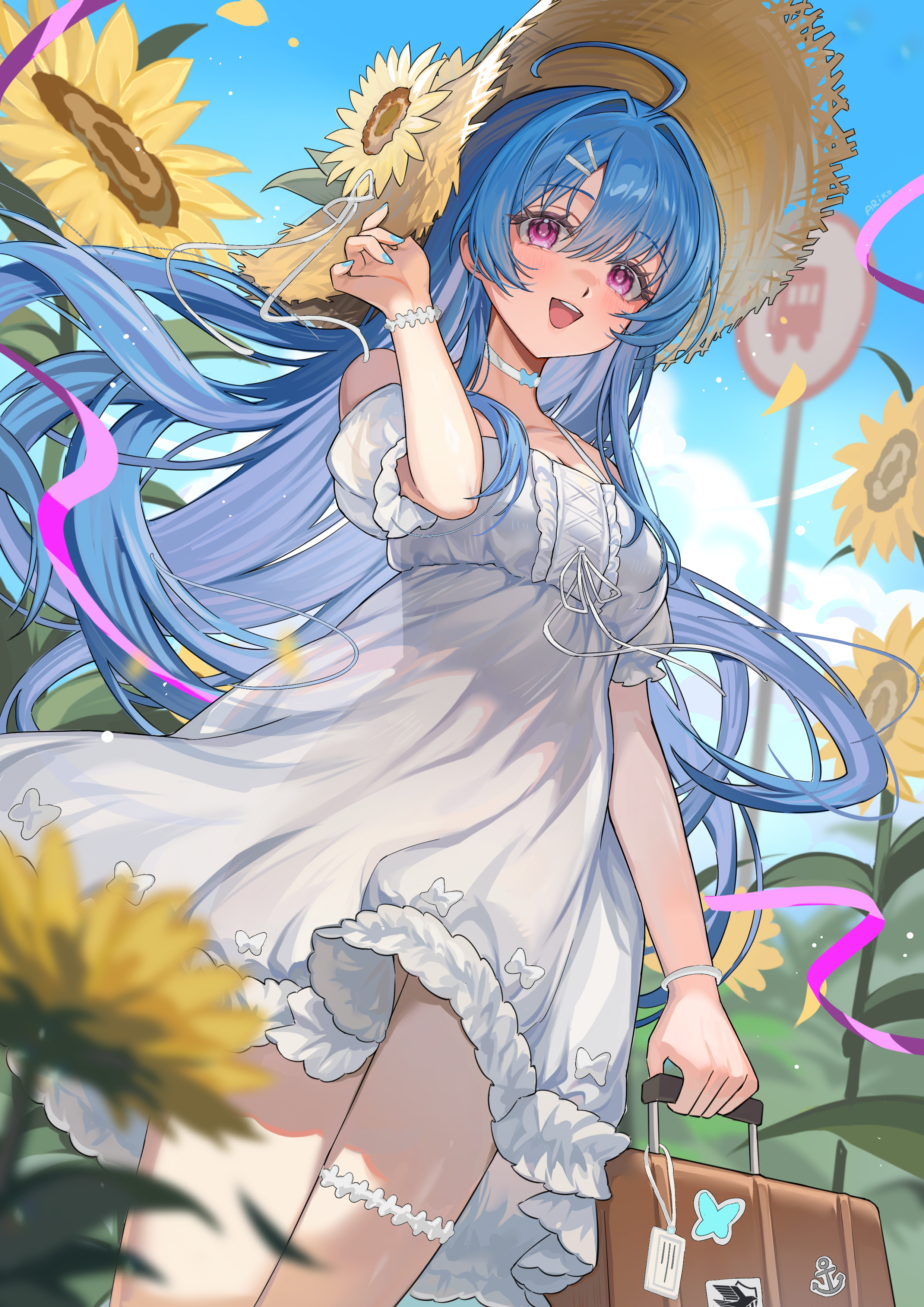 ariko (aaaaarik), helena (azur lane), azur lane, absurdres, commentary, highres, 1girl, ahoge, alternate costume, blue hair, blue sky, blurry, blush, center opening, choker, cloud, cloudy sky, day, depth of field, dress, field, flower, flower field, hair between eyes, hair intakes, hat, long hair, looking at viewer, off-shoulder dress, off shoulder, open mouth, pink eyes, road sign, see-through silhouette, sign, sky, smile, solo, straw hat, sundress, sunflower, sunflower field, sunflower hat ornament, teeth, thigh strap, thighs, upper teeth only, white choker, white dress