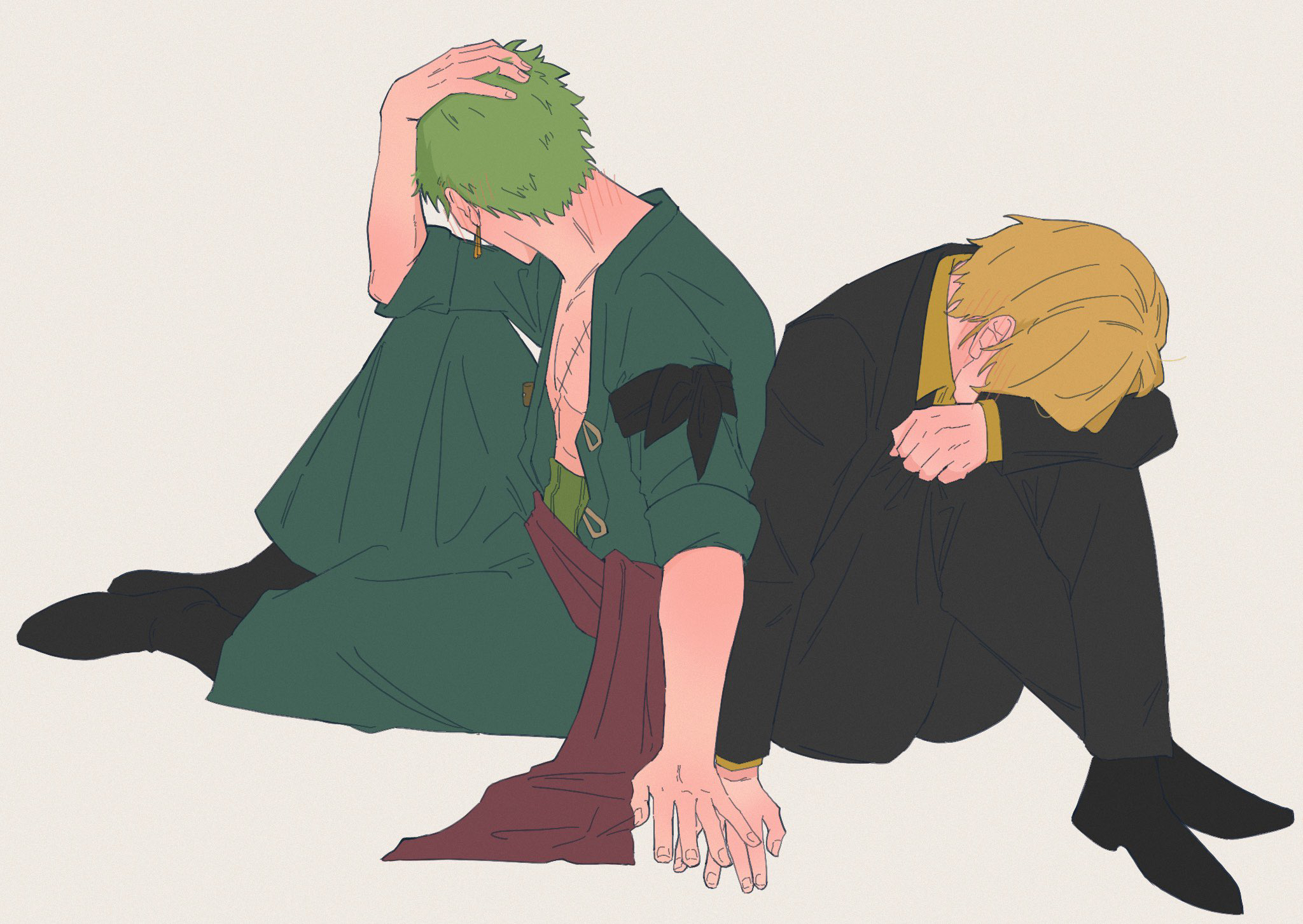 iqracha, roronoa zoro, sanji (one piece), one piece, commentary request, highres, 2boys, averting eyes, black jacket, black pants, black shoes, blonde hair, blush, earrings, embarrassed, fingernails, green hair, green kimono, hand on own head, holding hands, jacket, japanese clothes, jewelry, kimono, knees up, male focus, multiple boys, neck blush, pants, scar, scar on chest, shirt, shoes, short hair, shy, simple background, sitting, yaoi, yellow shirt