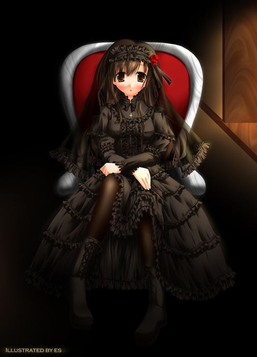 es (glasscastle), 1girl, brown eyes, brown hair, chair, cross, dress, female focus, gothic lolita, latin cross, lolita fashion, long hair, on chair, solo